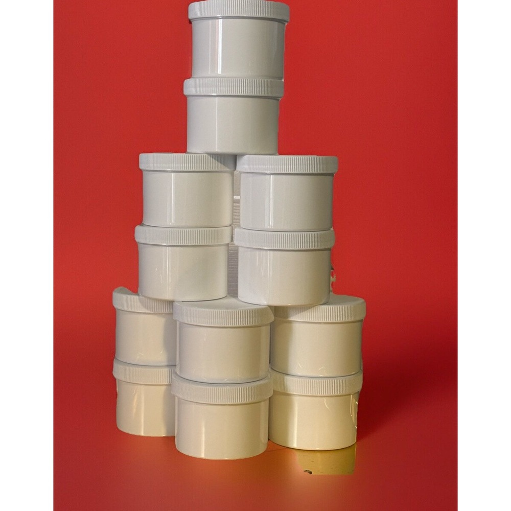 48 New 8oz White Straight-Sided Jars with White Smooth Plastic‎ Lids